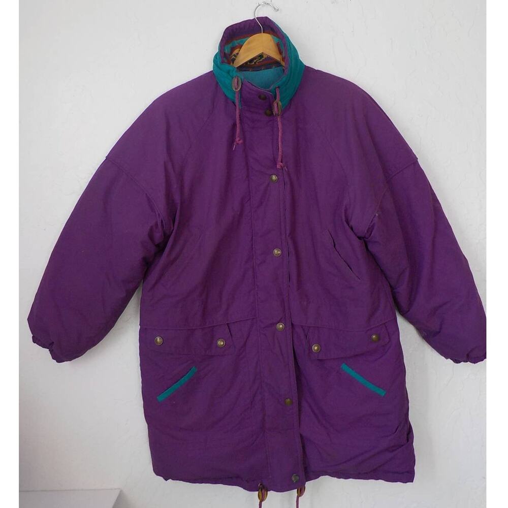 VTG London Fog Purple Teal Down Puffer Women size Large Jacket Coat Mid Length